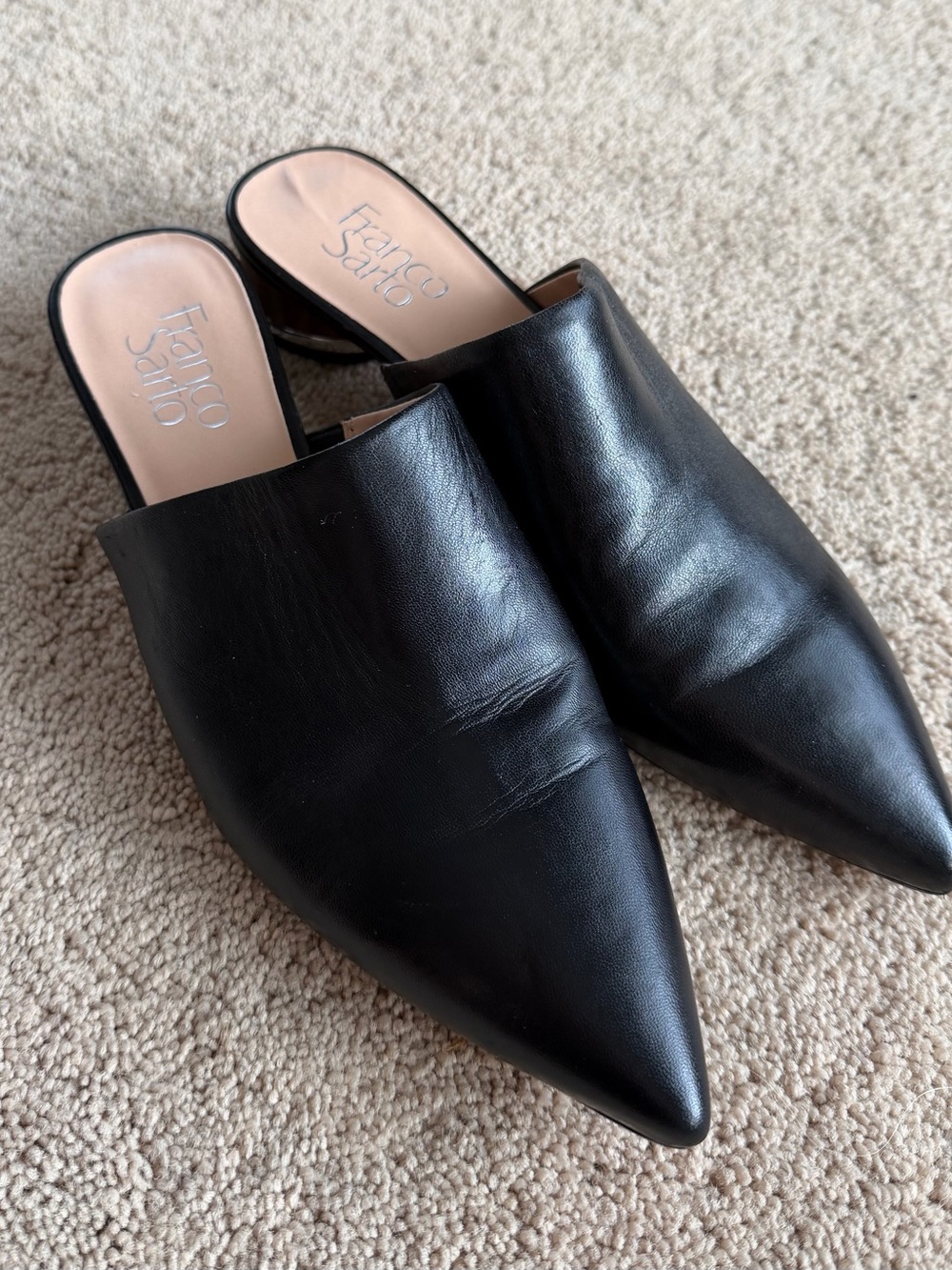 Franco Sarto Viola3 Black Leather Pointed Toe Block Heel Mules Womens Size 7.5M